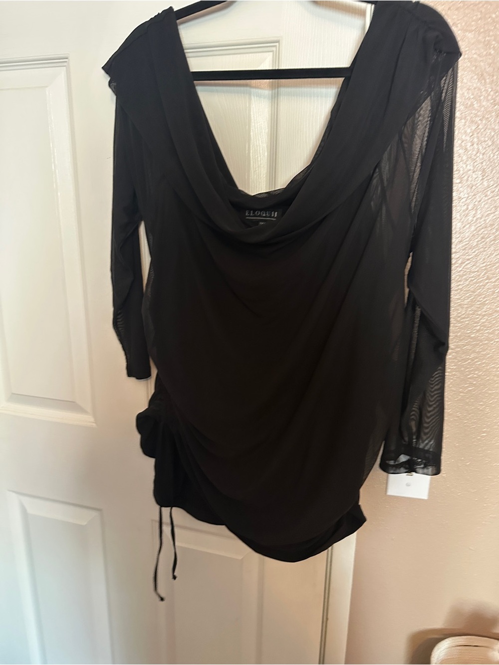Eloquii Black Draped Cowl Neck Tunic with Sheer Sleeves